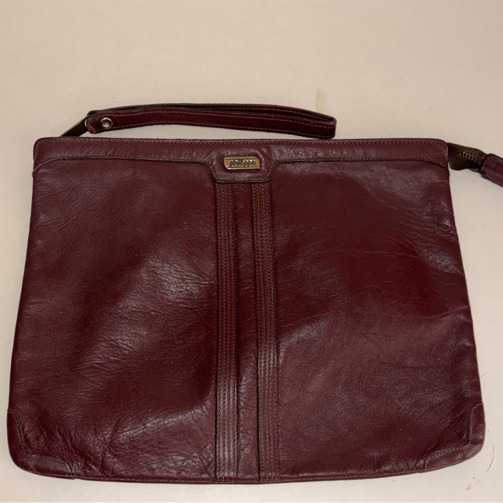 Vintage Phillippe Burgundy Leather Zip Top Wristlet Clutch Handbag Purse